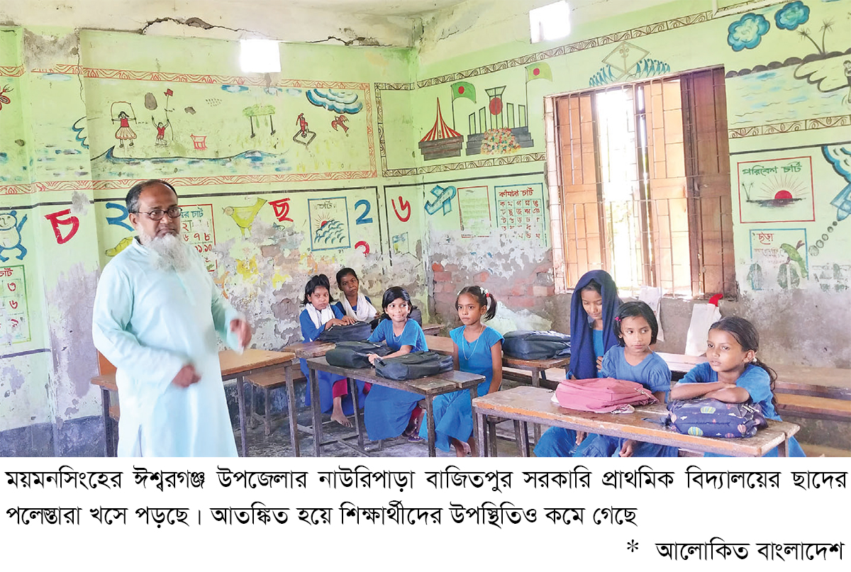 জরাজীর্ণ বিদ্যালয় ভবনে পাঠদান জরাজীর্ণ বিদ্যালয় ভবনে পাঠদান