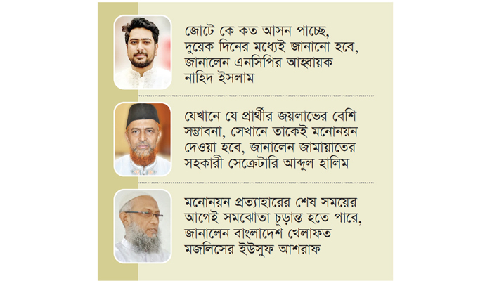 ১১ দলে আসন বণ্টন: ‘চূড়ান্ত’ ঘোষণা দুয়েক দিনের মধ্যে ১১ দলে আসন বণ্টন: ‘চূড়ান্ত’ ঘোষণা দুয়েক দিনের মধ্যে