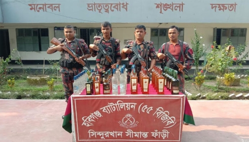 বিজিবির অভিযানে ভারতীয় বিভিন্ন প্রকারের ৫৪ বোতল মদ জব্দ